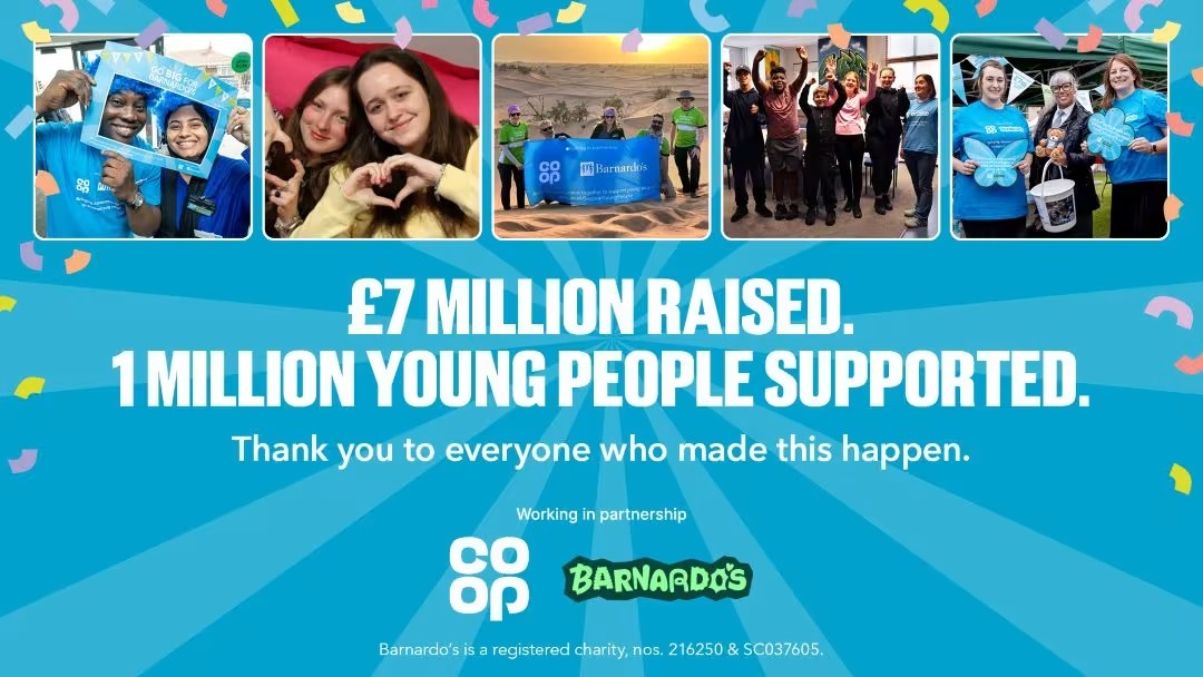 Co-op and Barnardo's partnership celebration graphic: £7 million raised, 1 million young people supported