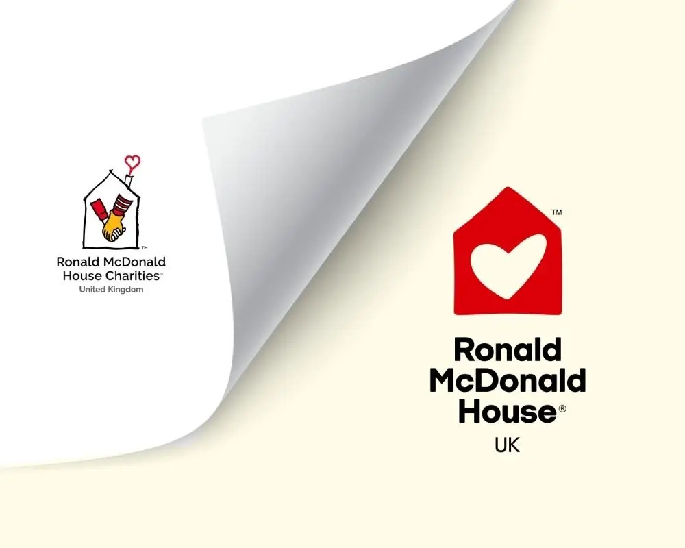 Ronald McDonald House Charities UK logo turning the page to the refreshed Ronald McDonald House UK brand mark